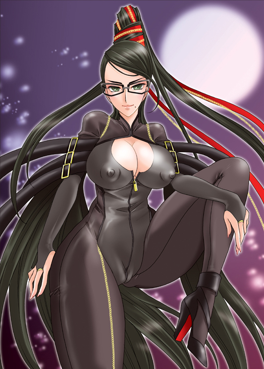 1girls areola bayonetta bayonetta_(character) beauty_mark black_hair bodysuit breasts cleavage colletto_rosso erect_nipples female female_only glasses green_eyes hair_bun heels high_heels long_hair mole moon night nipples red_ribbon ribbon rule34 sega shoes solo very_long_hair witch zipper
