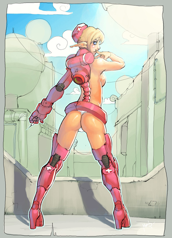 back blonde_hair blue_eyes boots breasts female from_behind hat marc_brunet mecha nurse pointy_ears rule34 science_fiction short_hair sideboob syringe thigh_boots thighhighs