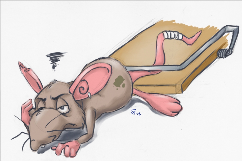 2012 3_toes 4_fingers anthro bandage big_head brown_body brown_fur buckteeth colored_sketch e621 ear_piercing feet fingers foxtrainer2107 frown fur grey_body grey_fur male mammal mouse_trap murid murine notched_ear nude piercing pink_body pink_skin rat rodent semi-anthro simple_background sketch solo tail tail_wraps teeth toes toony trap_(contrivance) trapped whiskers white_background wraps