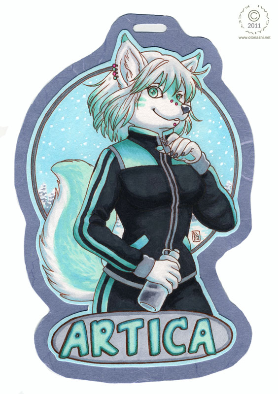 2011 anthro artica_sparkle blue_body blue_eyes blue_fur blue_sky bridge_piercing canid canine character_badge_(artwork) clothing e621 ear_piercing facial_piercing female fur herm_(lore) kacey lip_piercing mammal nose_piercing outside piercing sky solo suit tail text zipper