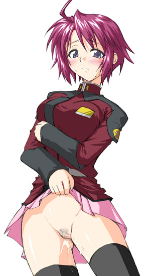 1girls ahoge blush breast_press breasts female grey_eyes gundam gundam_seed gundam_seed_destiny lunamaria_hawke no_panties pink_hair pubic_hair pussy pussy_juice rule34 shirt short_hair skirt skirt_lift solo standing sweat thighhighs uncensored