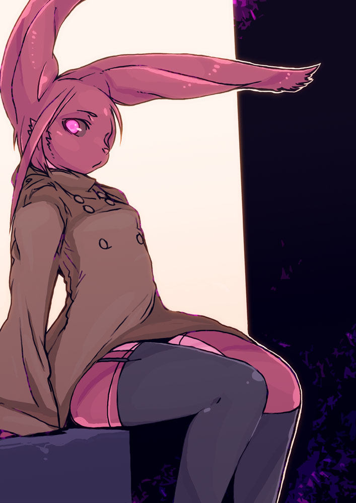 android anthro biped black_sclera breasts clothing e621 female fur hair idkuroi kemono lagomorph legwear leporid machine mammal overload_(idkuroi) pink_body pink_eyes pink_fur pink_hair rabbit robot sitting solo stockings