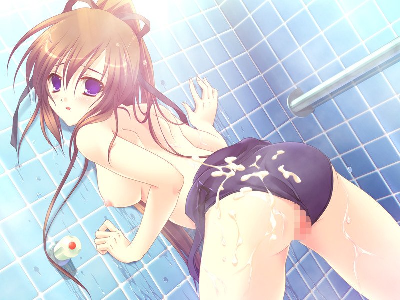 ass breasts brown_hair censored cum cum_on_ass cum_on_back cum_on_body cum_on_clothes cum_on_lower_body cum_on_upper_body female game_cg irie_mitsuki jpeg_artifacts long_hair one-piece_swimsuit ponytail purple_eyes pussy rule34 satou_satoru shower swimsuit swimsuit_aside tied_hair topless tsukushite_ageru_no_ni! wet