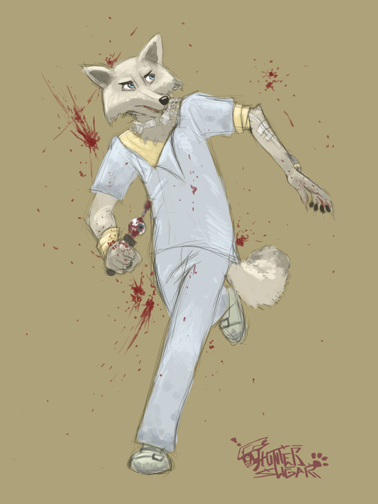 3:4 alternate_species anthro biped blood blood_on_clothing blood_on_hand blood_splatter blue_eyes bodily_fluids bottomwear canid canine canis clothed clothing colored_sketch dead_space e621 electronic_arts footwear fully_clothed fur furrification gore grey_body grey_fur holding_object jackal looking_back male mammal nolan_stross_(dead_space) pants running shoes simple_background sketch sligarthetiger solo tail visceral_games