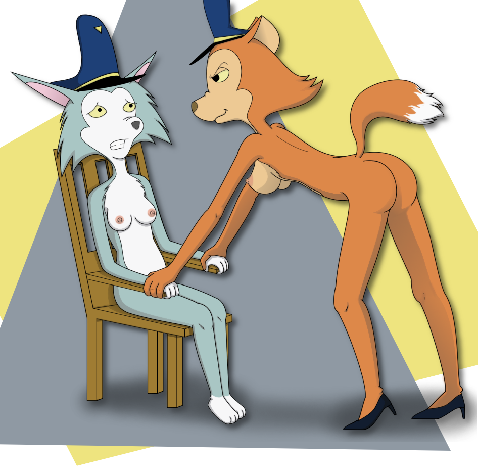 abstract_background anthro breasts butt canid canine carmen_(patrol_03) chair clothing domestic_cat dominant dominant_female duo e621 felid feline felis female female/female footwear fox furniture hat headgear headwear high_heels imminent_rape imminent_sex mammal nipples pamela_bondani patrol_03 police rare_show scared shoes simple_background submissive submissive_female tail unknown_artist wood wood_chair wood_furniture
