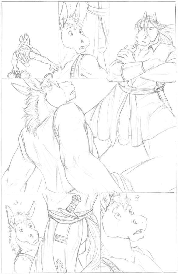 anthro asinus balls blotch clothing comic crossed_arms donkey duo e621 equid equine eye_contact genitals half-erect horse looking_at_another male male/male mammal mane monochrome multiple_scenes open_mouth penis simple_background standing steppe_in_the_right_direction surprised white_background
