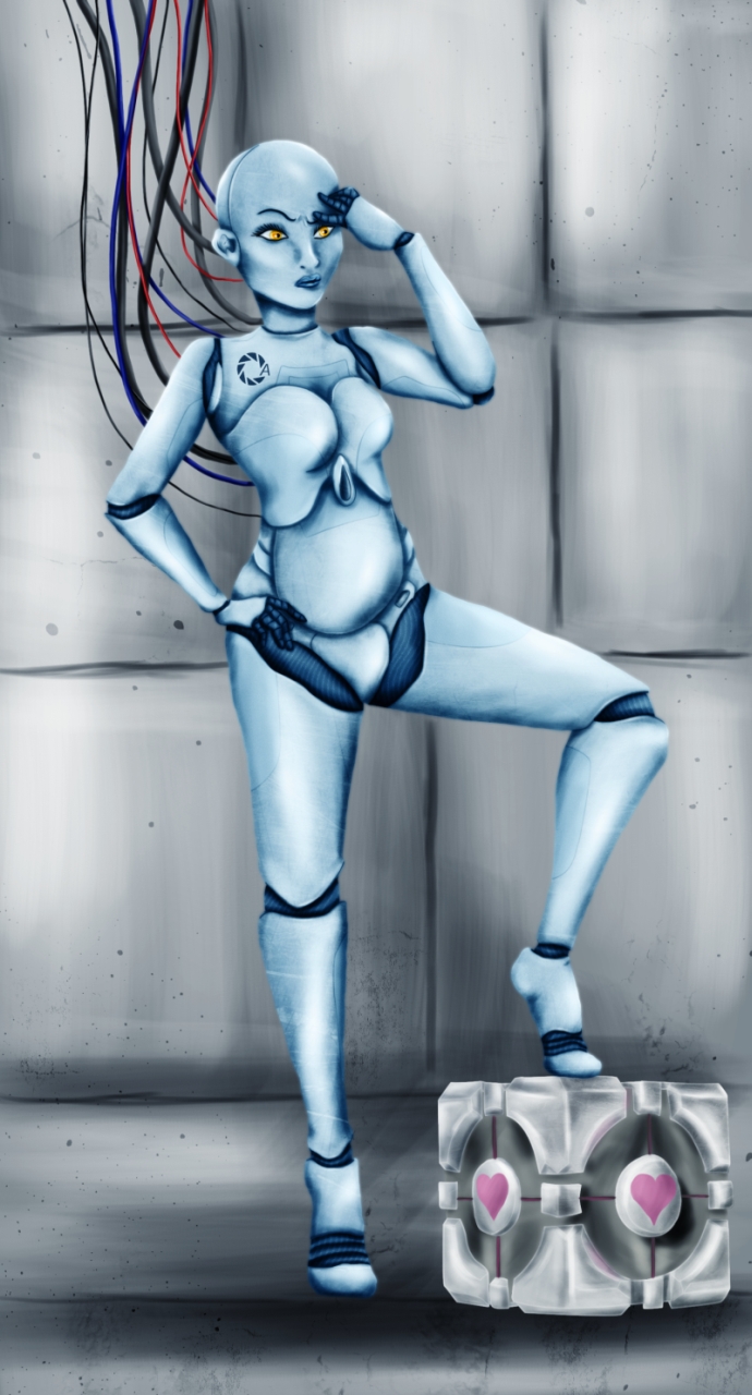 1girls 2d female female_only glados glados_(humanoid) humanoid maszrum portal_(series) robot robot_girl robot_humanoid rule34 solo tagme test_chamber weighted_companion_cube