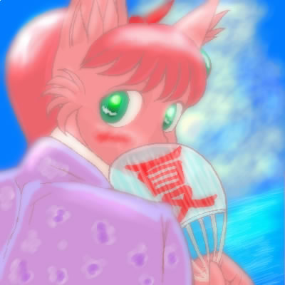 1:1 anthro blush clothed clothing day domestic_cat e621 felid feline felis female fur green_eyes hair hand_fan holding_object kemonolove looking_back low_res mammal meeya outside pink_body pink_fur pink_hair red_hair rpg_densetsu_hepoi sky solo