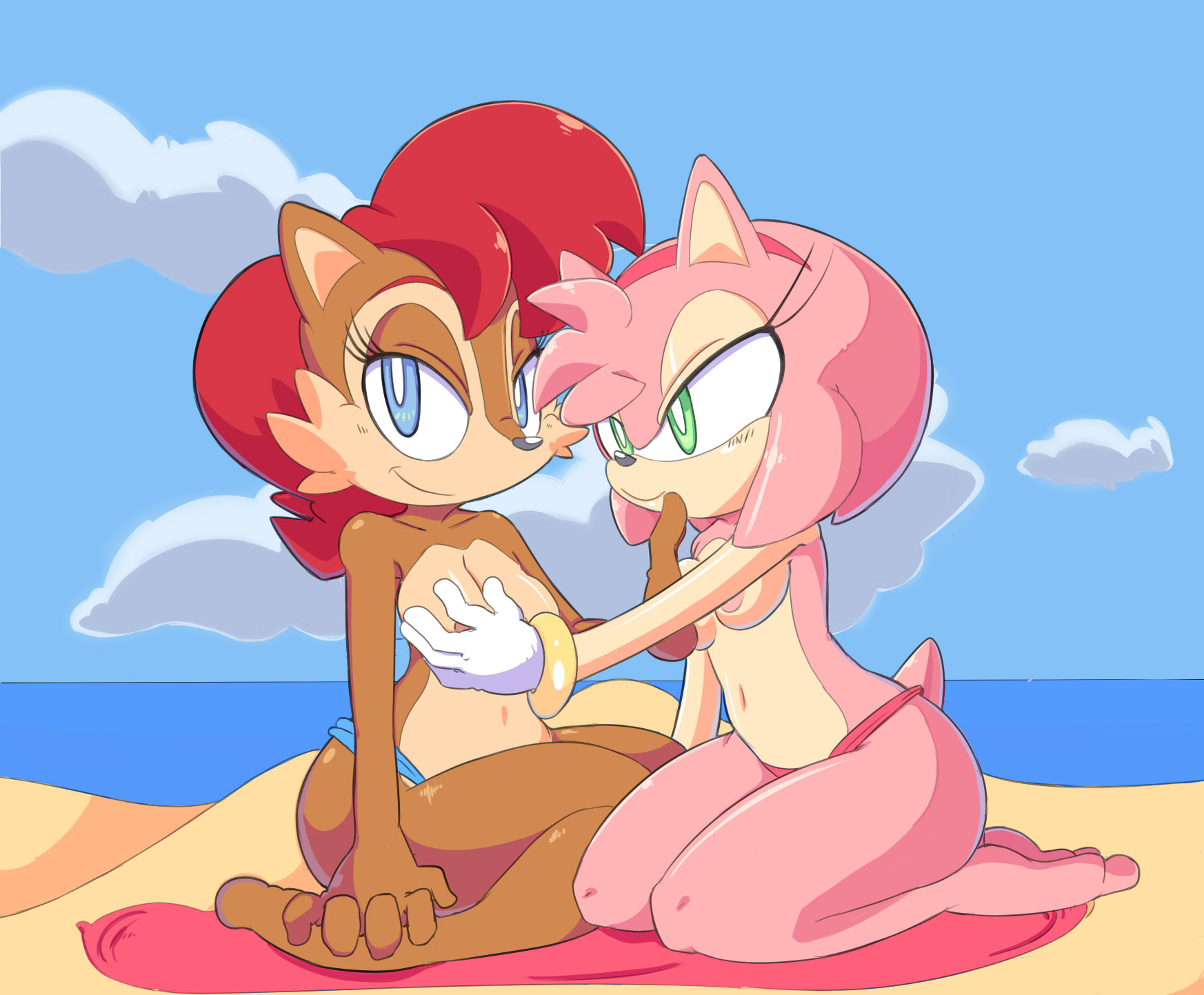 2014 accessory amy_rose anthro archie_comics barefoot beach beach_towel bikini blue_eyes breast_grab breast_squish breasts brown_body brown_fur chipmunk clothed clothing cloud cloudz detailed_background digital_media_(artwork) duo e621 eulipotyphlan feet female female/female fur gloves green_eyes grope ground_squirrel hair hair_accessory hairband hand_on_breast hand_on_chest handwear happy headgear hedgehog hi_res long_hair looking_at_viewer mammal navel nipples nude on_ground on_towel outside pink_body pink_hair red_hair rodent sally_acorn sand sciurid sea seaside sega short_hair sitting sky smile sonic_the_hedgehog_(archie) sonic_the_hedgehog_(comics) sonic_the_hedgehog_(series) squish swimwear topless towel two-piece_swimsuit water