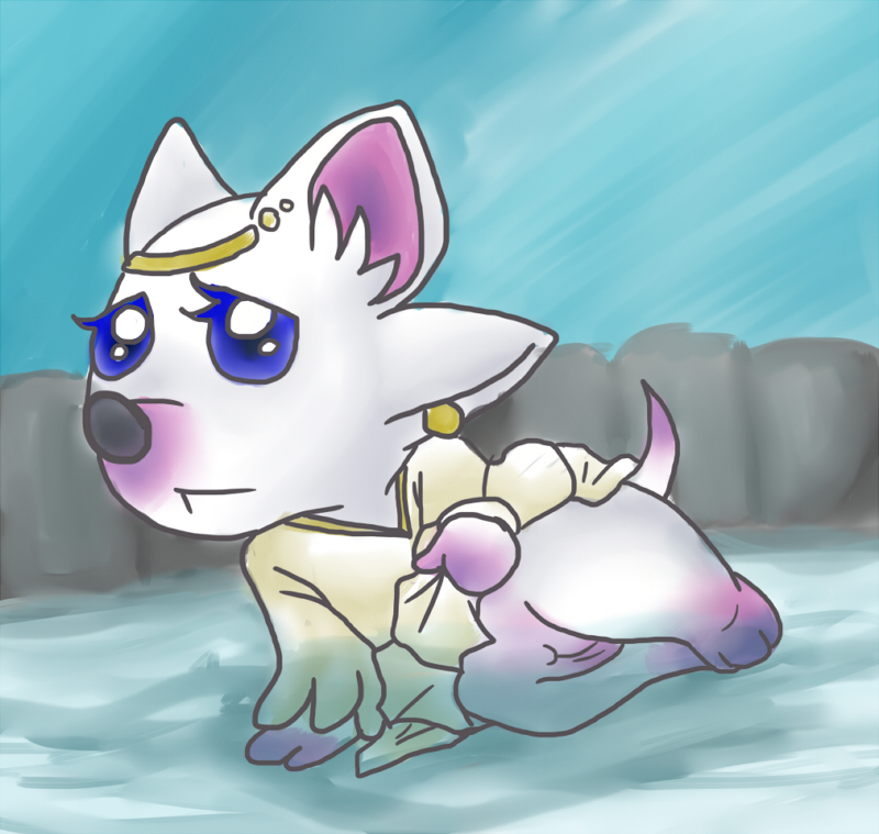 1girls animal_crossing artist_request blue_eyes blush clothing dress_lift female female_only fountain nintendo pussy rule34 serena_(animal_crossing) source_request water white_fur year_request
