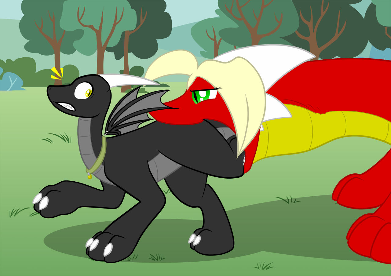all_fours ambiguous_gender collar dragon duo e621 feral field fyrre_(fyrrex) grass horn membrane_(anatomy) membranous_wings mythological_creature mythological_scalie mythology nude open_mouth outside plant quadruped ranger_(artist) ranger_(ranger) scalie surprised tail toony vore wings
