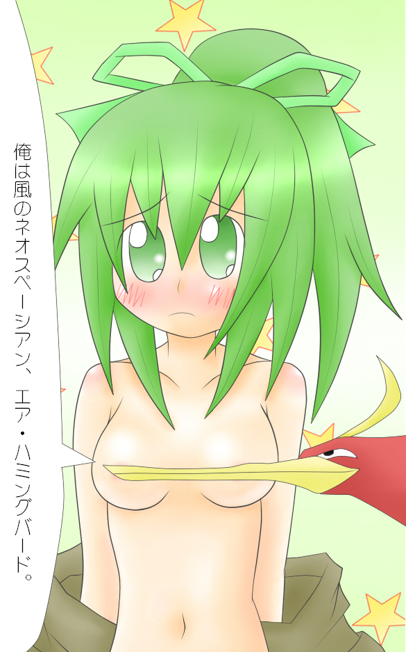 bird breasts clothing female front_view green_hair huge_eyes human pale_skin rule34 solo_focus tagme undressing wynn_the_wind_charmer yu-gi-oh!