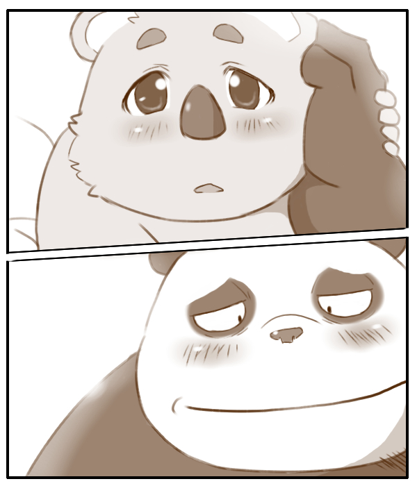 age_difference anthro bear border digital_media_(artwork) duo e621 eye_contact garouzuki giant_panda koala looking_at_another male mammal marsupial overweight slightly_chubby vombatiform white_border young young_anthro