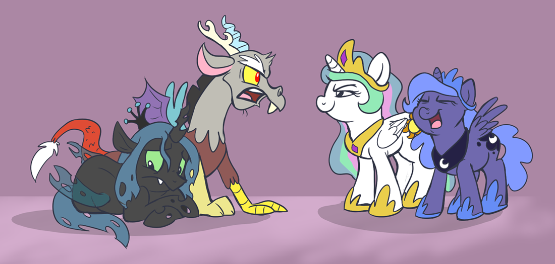 2012 arthropod bullying changeling_(mlp) chimera crown cutie_mark discord_(mlp) draconequus e621 equid equine fangs feathered_wings feathers female feral friendship_is_magic green_eyes green_hair group hair hasbro headgear hole_(anatomy) horn jewelry long_hair male mammal my_little_pony mythological_creature mythological_equine mythology necklace open_mouth princess princess_celestia_(mlp) princess_luna_(mlp) purple_eyes quadruped queen_chrysalis_(mlp) royalty shadow sophiecabra tail tail_tuft teeth tuft winged_unicorn wings