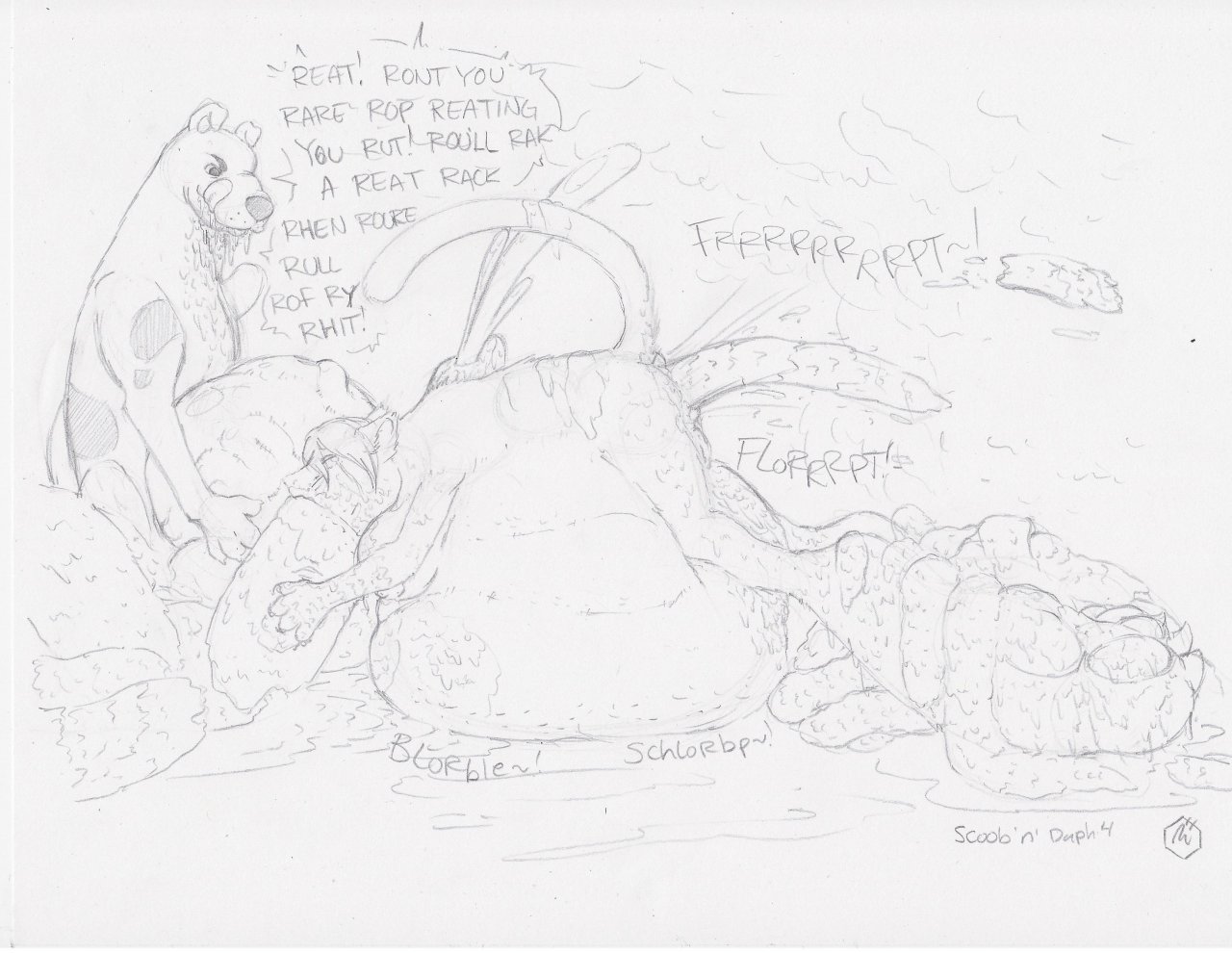 2009 4_claws 4_toes anthro areola belly big_belly big_breasts big_feet biped breasts broken_language canid canine canis claws daphne_blake dialogue domestic_cat domestic_dog duo e621 english_text excessive_feces fart feces feces_in_ass feces_in_mouth feces_on_body feces_on_butt feces_on_feet feces_on_leg feet felid feline felis female feral fur graphite_(artwork) great_dane greyscale hair hanna-barbera hindpaw huge_belly huge_feet hyper hyper_belly hyper_feces hyper_feet licking licking_lips licking_own_lips looking_at_another male mammal mastiff min_(artist) molosser monochrome musk nipples nude object_in_ass object_in_mouth open_mouth pawpads paws pooping quadruped scatplay scooby-doo scooby-doo_(series) self_lick short_fur short_hair simple_background smelly snout sound_effects tail text toes tongue tongue_out traditional_media_(artwork) transformation white_background