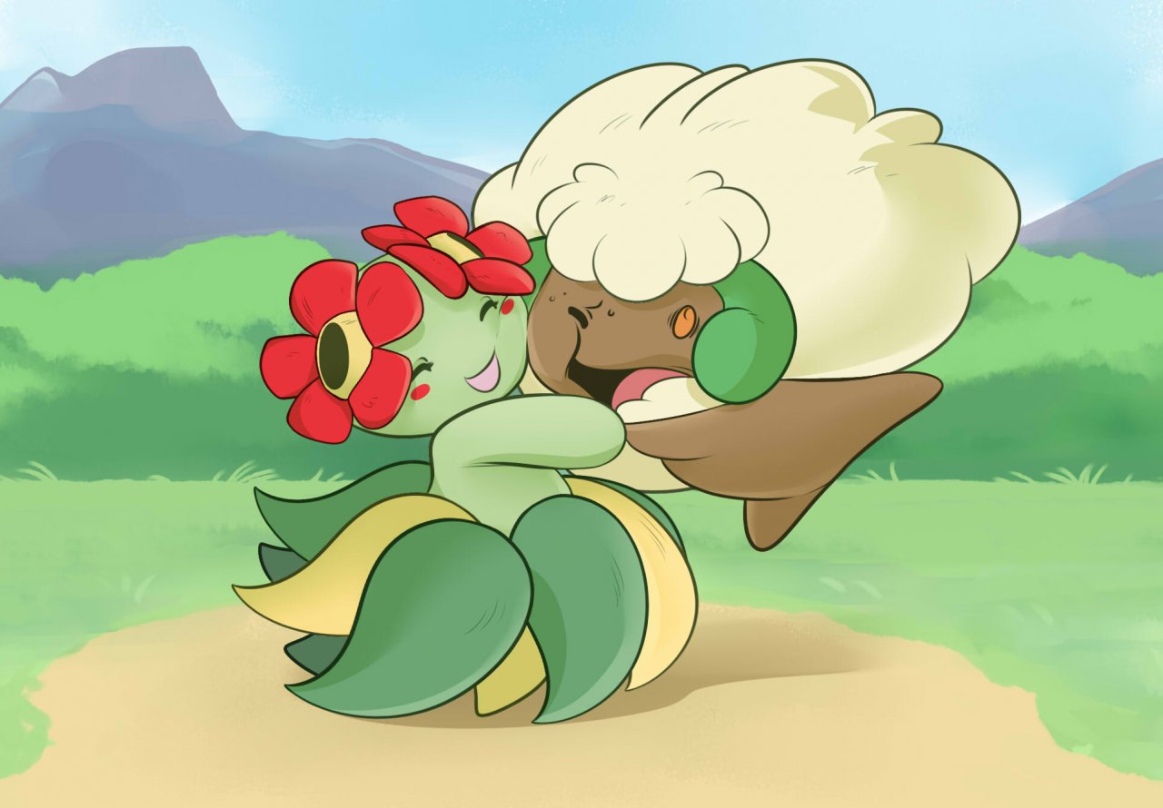 ambiguous_gender bellossom blush duo e621 elemental_creature eyes_closed flora_fauna flower generation_2_pokemon generation_5_pokemon head_flower hug humanoid mountain nintendo open_mouth outside plant pokemon pokemon_(species) pseudo_bottomwear pseudo_clothing pseudo_skirt sky smile tderek99 tree whimsicott