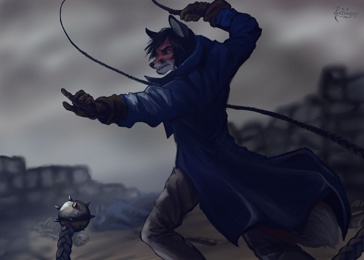 action_pose anthro battlefield brown_hair canid canine clothed clothing cloud e621 fox grin hair holding_object holding_weapon koul male mammal outside pose side_view sky smile solo tail weapon whip