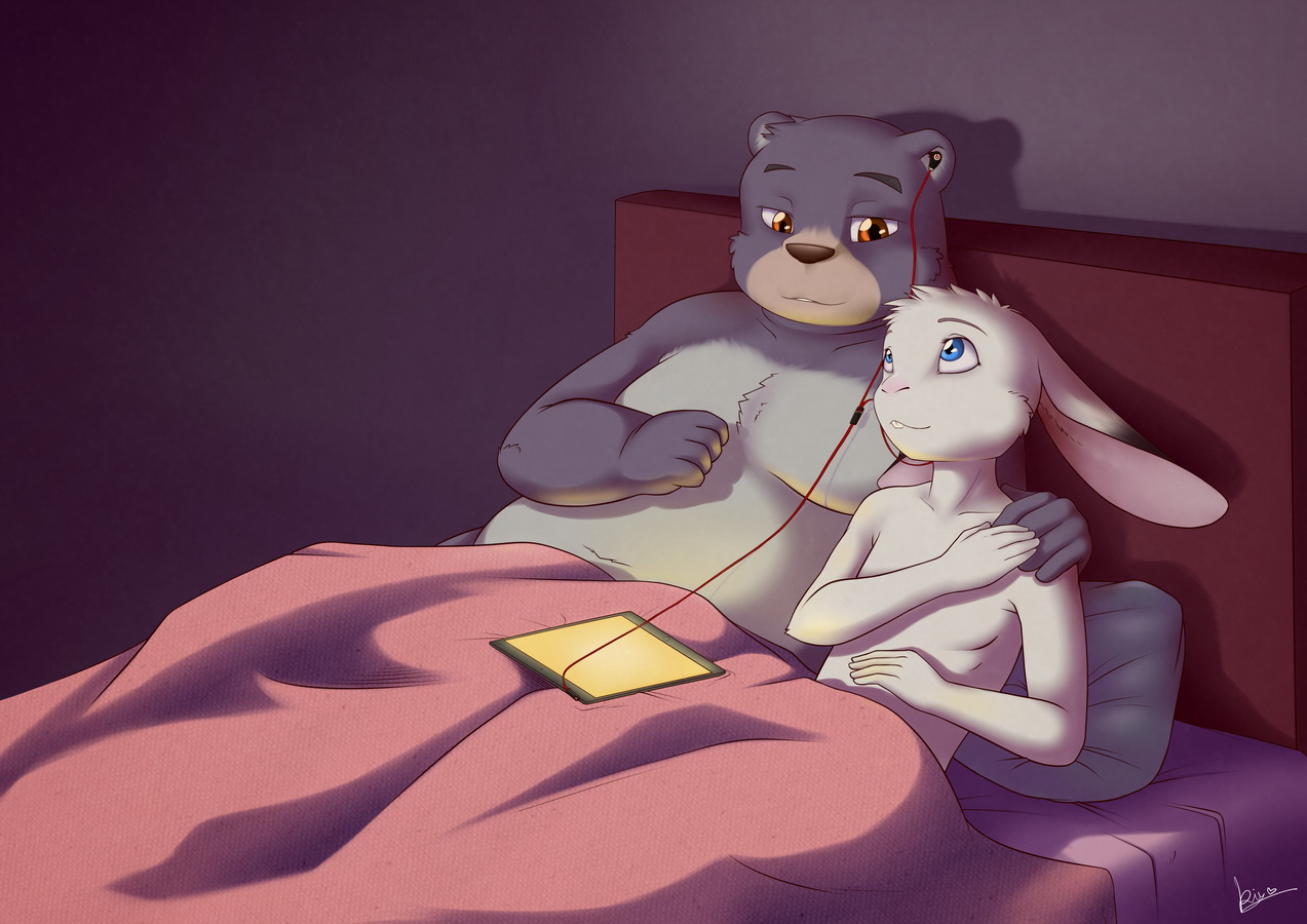 amber_eyes anthro bear bed bedding blanket blue_eyes buckteeth clothed clothing duo e621 earbuds electronics fur furniture grey_body grey_fur hand_on_shoulder headphones kiyochii lagomorph leporid looking_down love lying male male/male mammal music overweight rabbit romantic romantic_couple size_difference teeth topless white_body white_fur