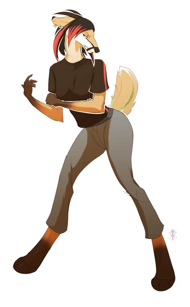 2014 anthro biped breasts clothed clothing deer e621 ear_piercing emkhe female hair kathleen_(character) mammal multicolored_hair piercing simple_background solo spread_legs spreading standing white_background wide_stance