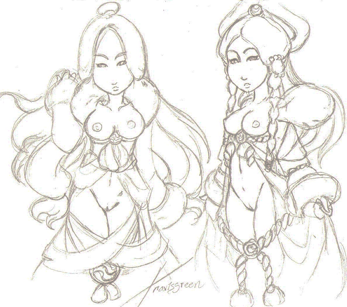 2girls avatar_legends avatar_the_last_airbender black_and_white breasts clothing female female_only human katara medium_breasts multiple_females rule34 straight_hair travis_green water_tribe yue