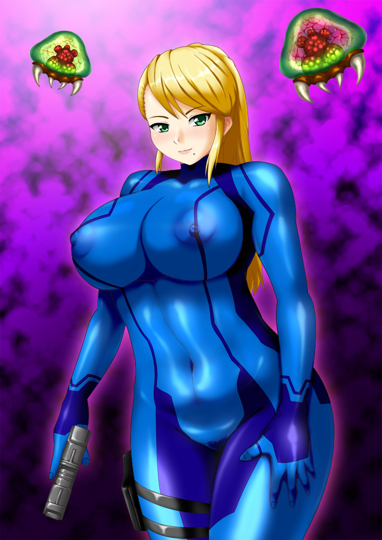 blonde_hair bodysuit breasts female green_eyes huge_breasts human keiryu metroid metroid_(creature) nintendo rule34 samus_aran zero_suit zero_suit_samus