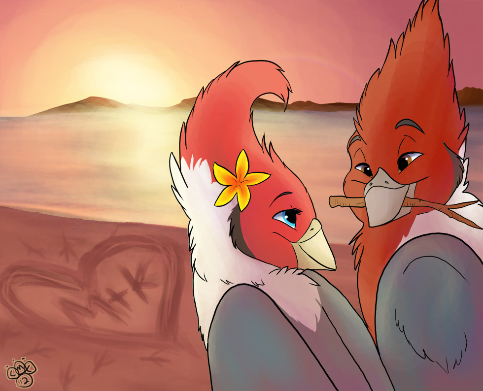 2012 accessory anthro avian bird blondefoxy cardinal-tanager digital_drawing_(artwork) digital_media_(artwork) duo e621 feathers female flower flower_in_hair grey_body grey_feathers hair hair_accessory kalena_pau male manu_koa oscine passerine plant red-crested_cardinal red_body red_feathers romantic romantic_ambiance romantic_couple sunset tanager