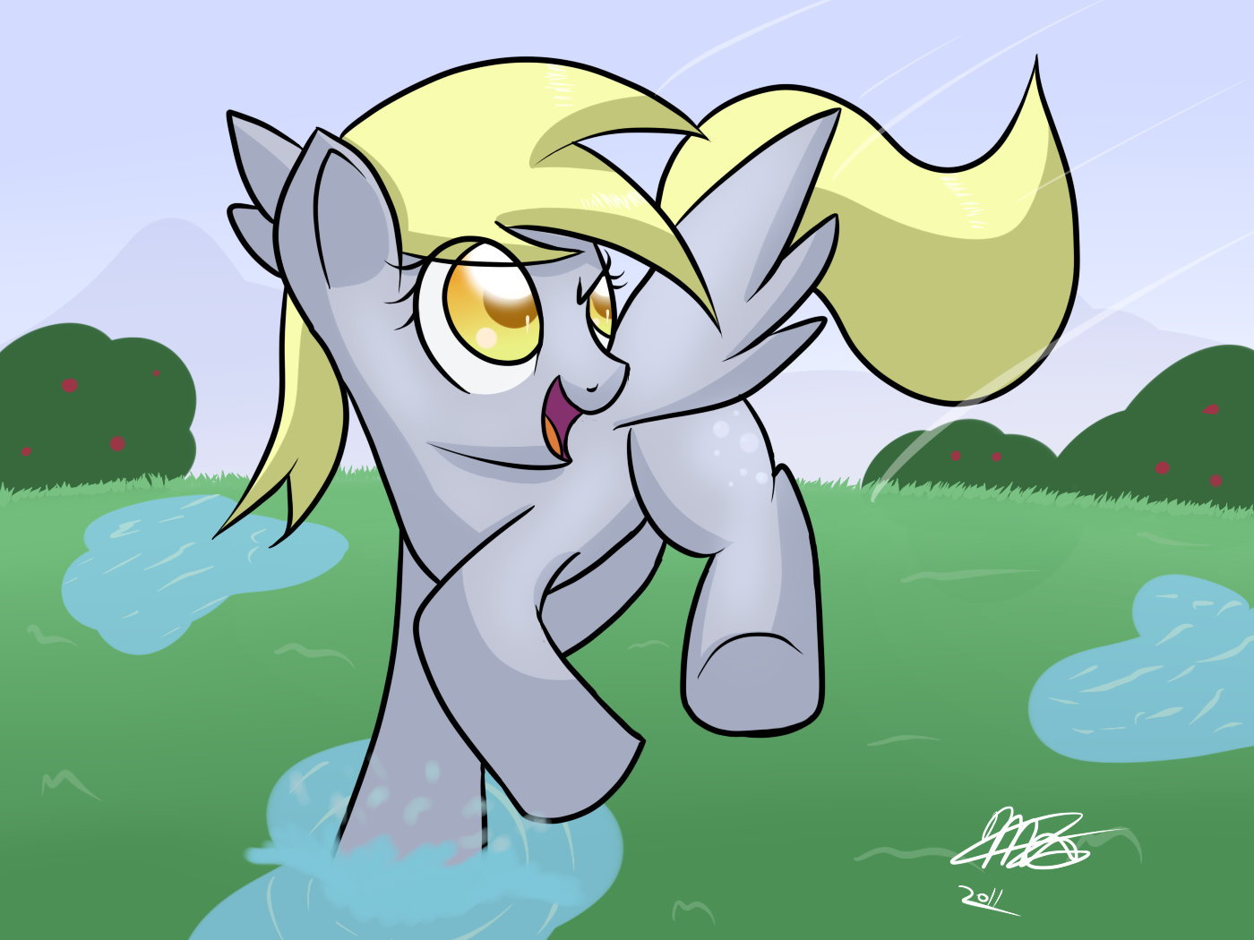 4:3 cutie_mark derpy_hooves_(mlp) detailed_background e621 echowolf800 equid equine feathered_wings feathers female feral friendship_is_magic grey_body grey_feathers hair hasbro mammal my_little_pony mythological_creature mythological_equine mythology pegasus plant puddle quadruped shrub solo tail toony water wings