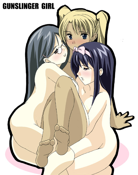 3girls angelica_(gunslinger_girl) blush claes_(gunslinger_girl) dark_skin female glasses gunslinger_girl hair_ribbon multiple_females multiple_girls nude rule34 threesome tied_hair triela_(gunslinger_girl) twintails yuri