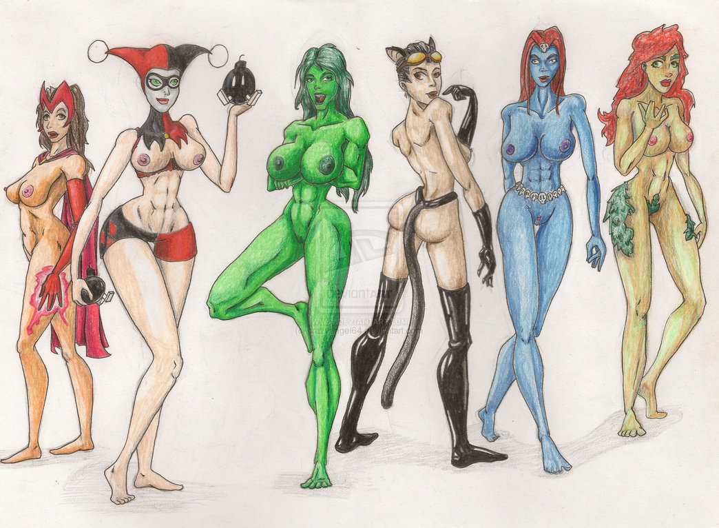 2d 6girls abs avengers batman_(series) big_breasts blue-skinned_female blue_skin breasts brown_hair cat_tail catwoman color crazyangel64 crossover dc dc_comics drawn female female_only green-skinned_female green_hair green_skin harley_quinn harley_quinn_(classic) hulk_(series) human licking_own_lips marvel marvel_comics multiple_females multiple_girls mutant mutant_(marvel) mystique naked_female nipples nude nude_female poison_ivy pussy red_hair rule34 scarlet_witch selina_kyle she-hulk tail thigh_boots thighhighs torn_clothing wanda_maximoff x-men