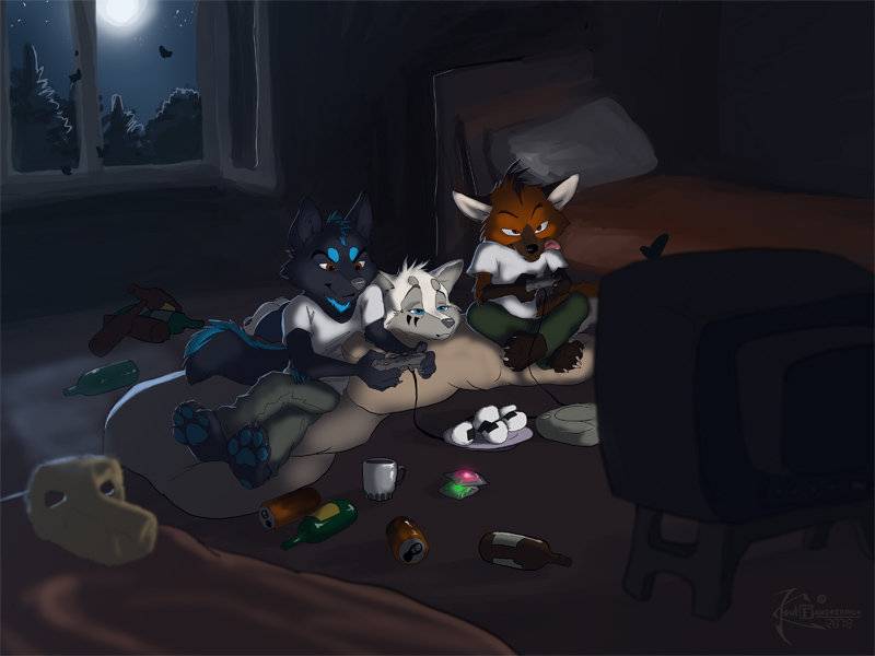 4:3 anthro bed canid canine canis e621 facial_markings furniture gaming group head_markings inside koul koul_fardreamer male mammal markings moon night tail tongue tongue_out wolf young young_anthro young_male