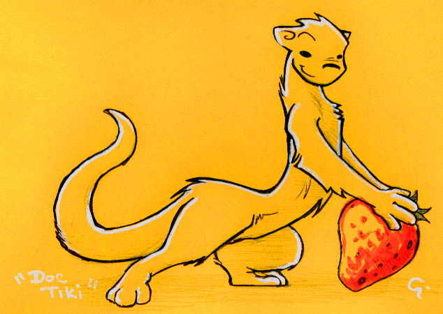 3_toes 4_fingers anthro chris_goodwin e621 feet fingers food fruit fur male mammal mustelid otter plant solo strawberry tail toes yellow_body yellow_fur yellow_theme