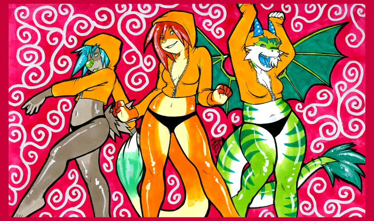 2007 ac_(aycee) anthro breasts clothing dragon e621 european_mythology female ground-lion group horn membrane_(anatomy) membranous_wings mythological_creature mythological_scalie mythology non-mammal_breasts panties scalie seel_dingo_(character) slightly_chubby tail underwear unknown_species western_dragon wings