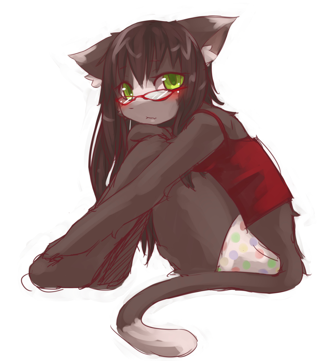 anthro biped black_body black_fur blush chipar domestic_cat e621 eyebrows eyewear felid feline felis female fur glasses green_eyes hi_res kemono looking_at_viewer mammal simple_background sitting solo white_background white_body white_fur