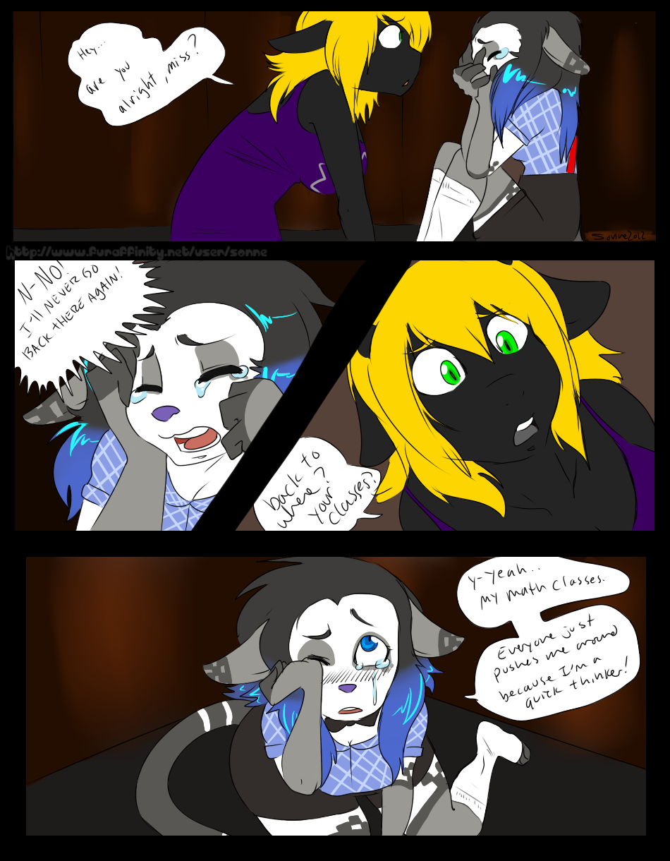 2012 anthro blonde_hair blue_eyes bodily_fluids breasts clothing comic crying dialogue dragon e621 english_text female green_eyes hair hi_res horn mythological_creature mythological_scalie mythology non-mammal_breasts psykrow_darcy scalie sonne syl_(psykrow) tail tears text
