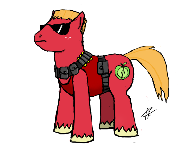 5:4 ammunition belt big_macintosh_(mlp) blonde_hair clothing crossover duke_nukem duke_nukem_(series) e621 earth_pony equid equine eyewear feral friendship_is_magic hair hasbro horse male mammal my_little_pony pony quadruped simple_background solo sunglasses tail topwear unknown_artist utility_belt vest white_background