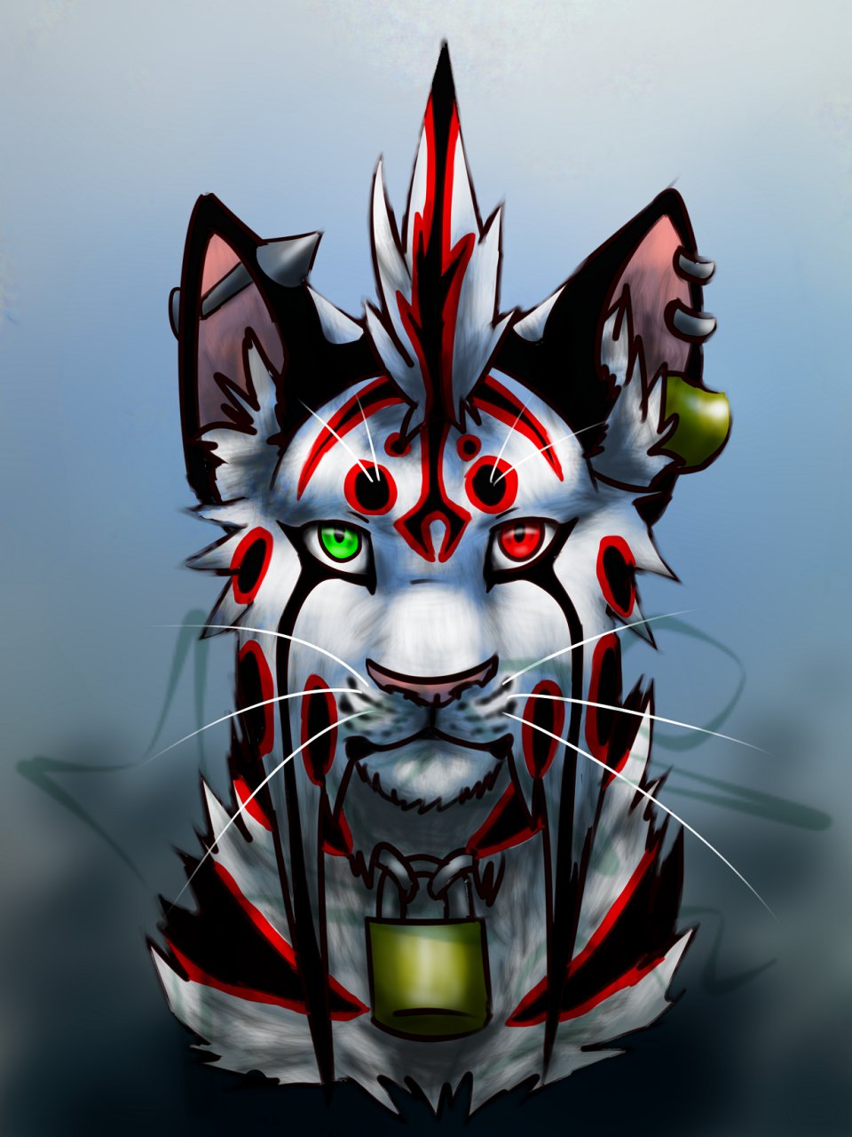 3:4 e621 ear_piercing felid fluffy green_eyes heterochromia hi_res kero_tzuki lock looking_at_viewer male mammal padlock piercing red_eyes simple_background solo toony whiskers