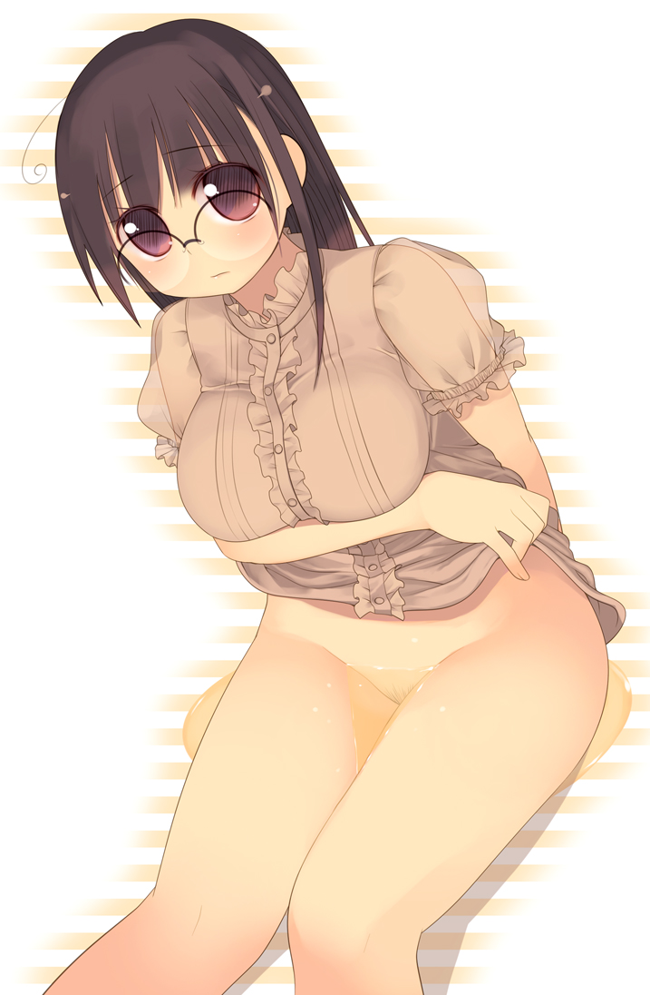 1girls arima_senne blush brown_eyes brown_hair clothing female female_only glasses human kashiwamochi_yomogi looking_at_viewer no_panties original peeing pubic_hair rule34 solo urine wakamezake watersports white_background white_skin