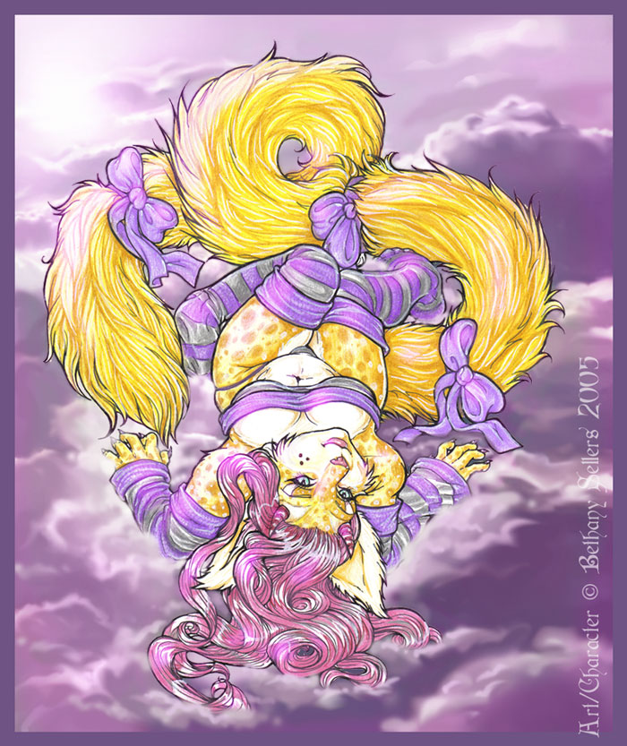 2005 anthro breasts cleavage clothed clothing cloud e621 felid female hair horn langurhali legwear long_tail mammal panties pink_hair skimpy solo stockings tail underwear vera_(artist) vera_(vera)