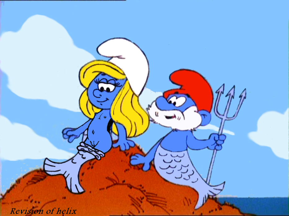 4_fingers beard blue_skin day edit female flat_chest hat helix holding_weapon male outdoors papa_smurf pussy rule34 sitting smile smurf smurfette tagme the_smurfs toony topless trident