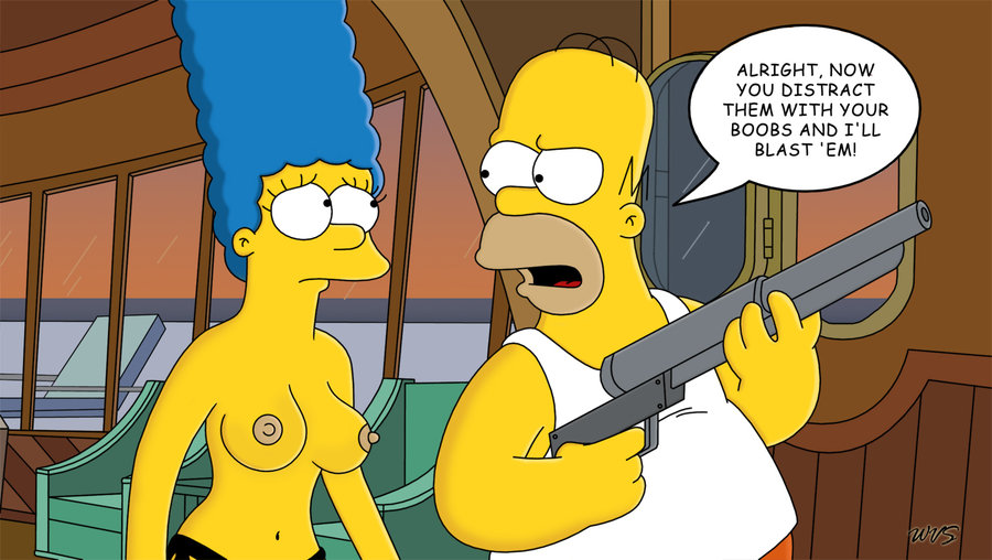 1boy 1girls balding blue_hair breasts clothes color day english_text erect_nipples female gun hair holding_weapon homer_simpson human implied_prostitution indoors male marge_simpson nipples rifle rule34 tagme text the_simpsons topless weapon wvs yellow_skin