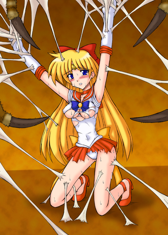 arms_up bishoujo_senshi_sailor_moon blonde_hair blue_eyes blush bound bow breasts cleavage clothing female high_heels human kneeling medium_breasts minako_aino monster panties peril restrained rule34 sailor_venus sanada_kuro school_uniform serafuku skirt small_breasts smooth_skin spider spider_web sweat tears torn_clothes underwear web_bondage
