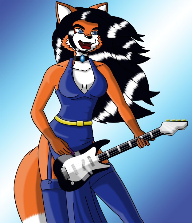 anthro bass_guitar black_hair blue_eyes canid canine cassie_the_rock_vixen clothing dress e621 female fox guitar hair mammal mcmuffinmrfox music musical_instrument playing_guitar playing_music plucked_string_instrument solo string_instrument tail