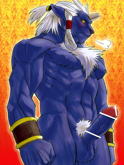 abs anthro biped blue_body blue_fur broken_horn censor_bar censored chest_tuft e621 erection felid final_fantasy final_fantasy_x fur genitals hair horn humanoid_genitalia humanoid_penis ineffective_censorship isaki kimahri male mammal mostly_nude muscular muscular_anthro muscular_male pecs penis pubes ronso solo square_enix standing tuft white_body white_fur white_hair