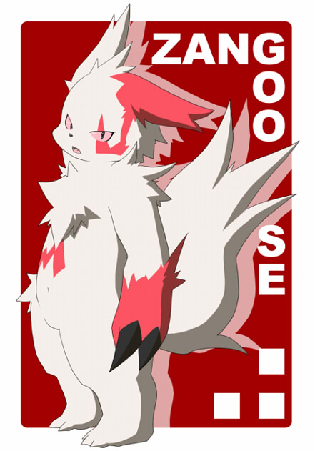 ambiguous_gender chest_tuft e621 english_text fur generation_3_pokemon looking_at_viewer markings nintendo pokemon pokemon_(species) pose red_markings solo tail teeth text tuft unknown_artist white_body white_fur zangoose
