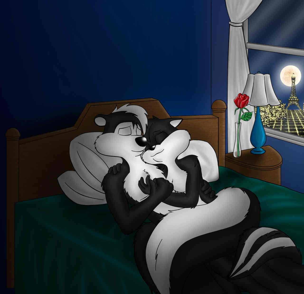 anthro bed breasts canon_couple chest_tuft convenient_censorship detailed_background domestic_cat drevil duo e621 eiffel_tower eyes_closed felid feline felis female flower france fur furniture hi_res hug inside interspecies looney_tunes lying male mammal mephitid moon naturally_unclothed nude nude_anthro nude_male paris penelope_pussycat pepe_le_pew plant romantic romantic_ambiance romantic_couple rose_(flower) skunk sleeping striped_skunk tail tail_censorship tuft warner_brothers