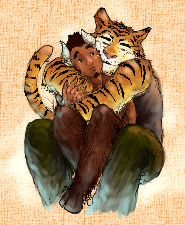 anthro biceps black_body black_fur blush clothing duo e621 felid fur hooves horn hug male mammal muscular orange_body orange_fur pantherine pockyrumz satyr shirt smile stripes tail tank_top tiger topwear unknown_species white_body white_fur