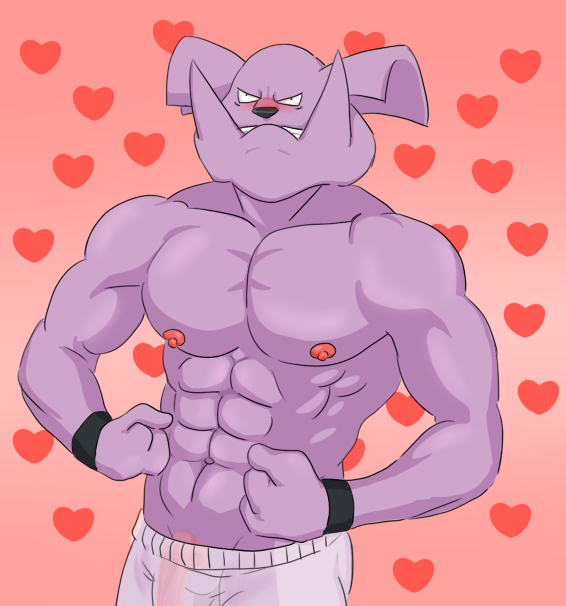 2012 abs abstract_background anthro big_muscles black_nose blush buffurun canid canine cel_shading clothed clothing e621 flaccid flexing front_view generation_2_pokemon genitals granbull heart_symbol male mammal muscular muscular_anthro muscular_male nintendo nipples penis pokemon pokemon_(species) shaded simple_background solo topless translucent
