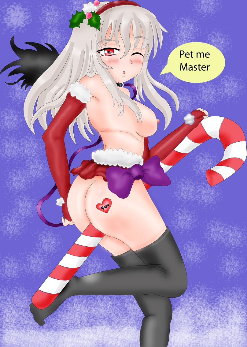 1girls artist_request black_legwear blush bow breasts candy_cane christmas collar english_text female female_only headband medium_breasts medium_hair mostly_nude nipples one_eye_closed open_mouth red_eyes rozen_maiden rule34 sideboob solo speech_bubble suigintou text thighhighs uncensored white_hair