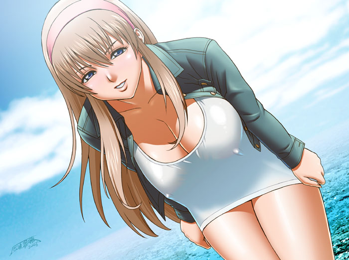 breasts brown_hair cleavage dead_or_alive dead_or_alive_xtreme_beach_volleyball erect_nipples female female_only fringe_hair hair hairband hitomi_(doa) human jacket large_breasts leaning_forward long_hair nipples pointy_chin rule34 sky solo tatsunami_youtoku tecmo