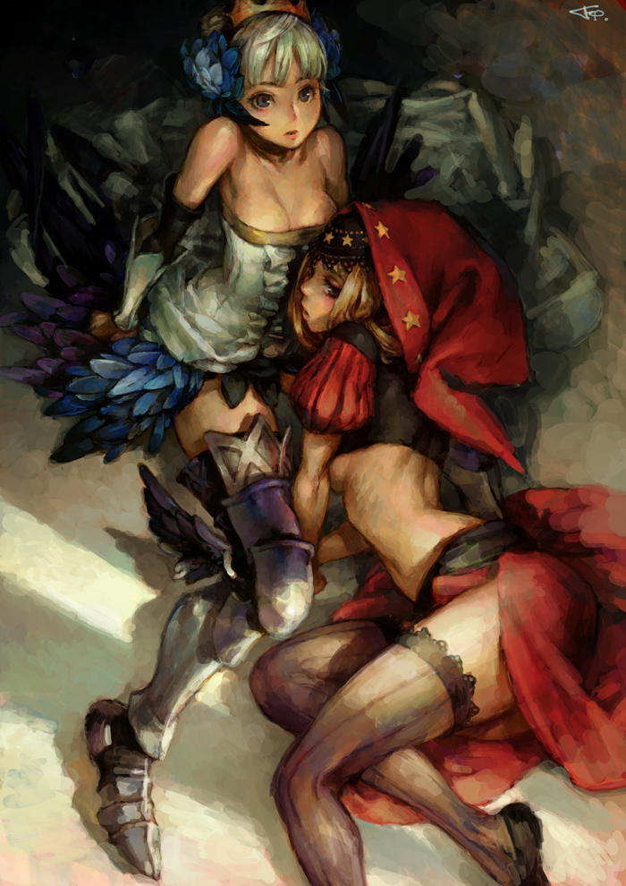 armor armored_dress boots breasts cleavage crown fcp female female_only gwendolyn_(odin_sphere) hat multiple_females multiple_girls nipple_slip nipples odin_sphere rule34 siblings sisters thigh_boots thighhighs underboob velvet_(odin_sphere)